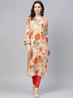 Ahika Women Occasion Wear Cotton Fabric Printed Stylish Chikoo Color Kurti