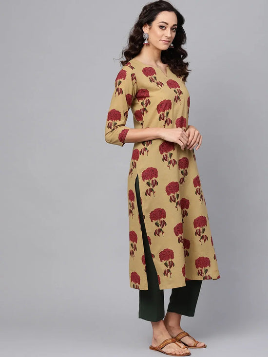 Ahika Women Cream Color Function Wear Cotton Fabric Printed Fancy Kurti