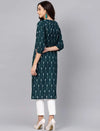 Ahika Women Casual Wear Cotton Fabric Teal Color Printed Trendy Kurti