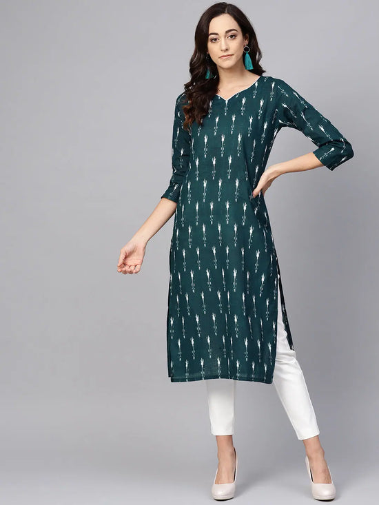 Ahika Women Casual Wear Cotton Fabric Teal Color Printed Trendy Kurti