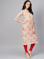 Ahika Women Casual Wear Cotton Fabric Peach Color Printed Trendy Kurti