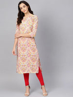 Ahika Women Casual Wear Cotton Fabric Peach Color Printed Trendy Kurti