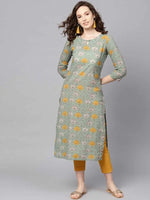 Ahika Women Green Mustard Yellow Printed Straight Kurta