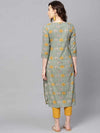 Ahika Women Green Mustard Yellow Printed Straight Kurta