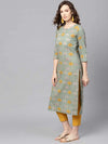 Ahika Women Green Mustard Yellow Printed Straight Kurta