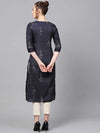 Ahika Women Navy Blue Off White Color Printed Straight Kurta