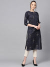 Ahika Women Navy Blue Off White Color Printed Straight Kurta