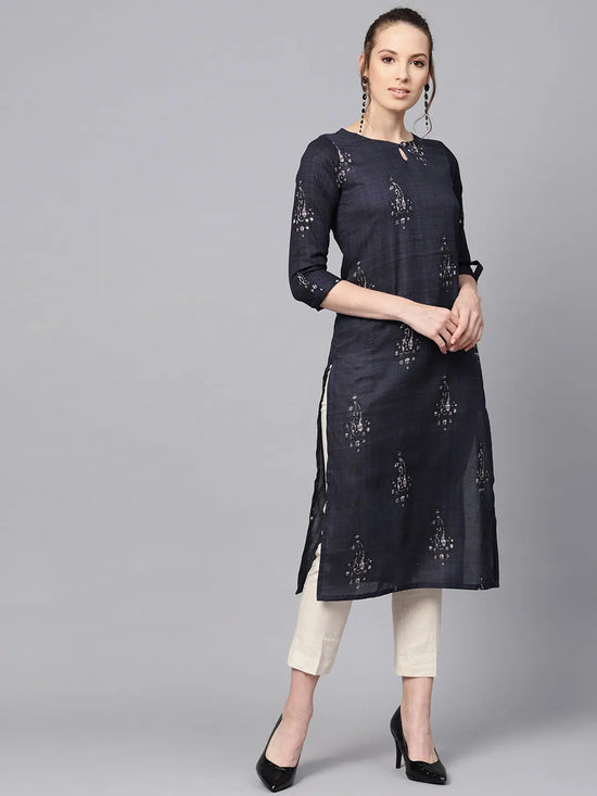 Ahika Women Navy Blue Off White Color Printed Straight Kurta