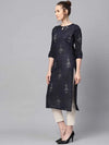 Ahika Women Navy Blue Off White Color Printed Straight Kurta