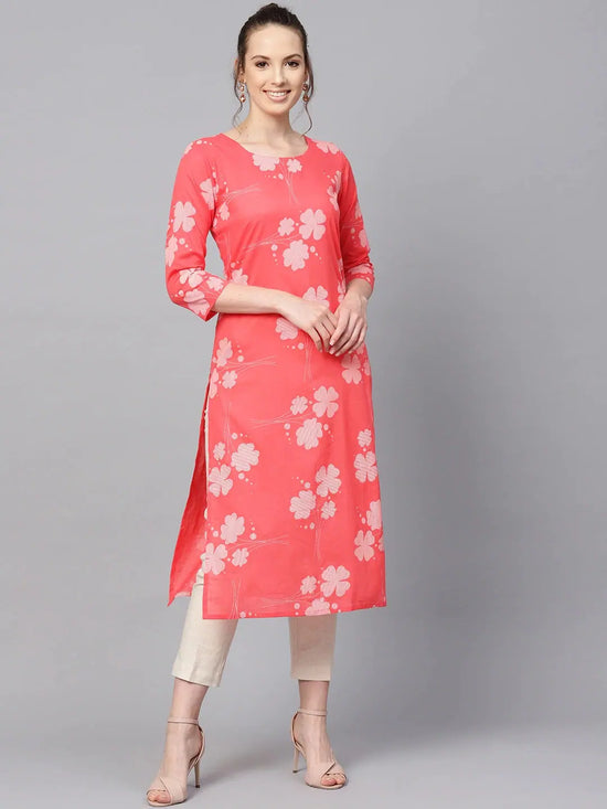 Ahika Women Printed Pink Cotton Fabric Kurti