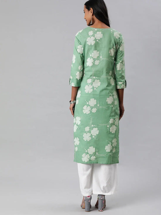 Ahika Women Cotton Green Floral Printed Straight Kurta