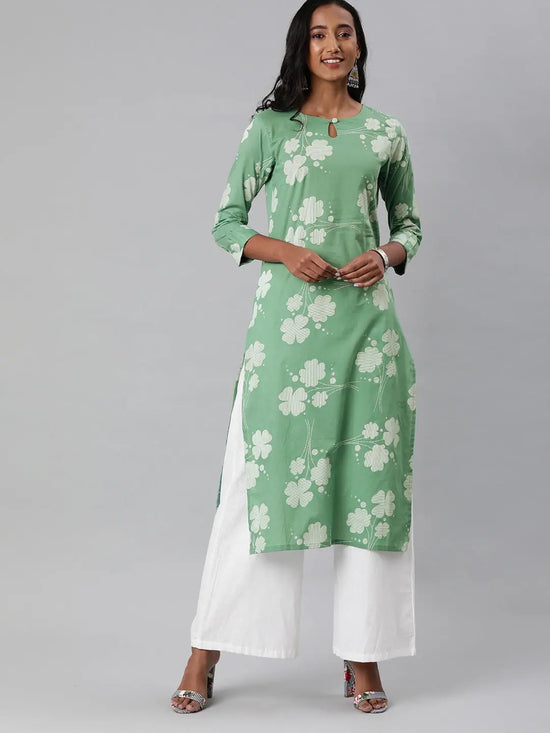 Ahika Women Cotton Green Floral Printed Straight Kurta