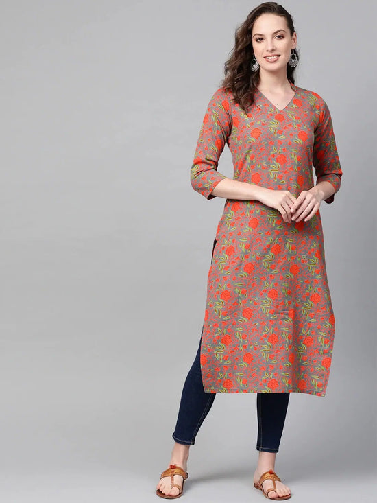 Ahika Women Cotton Fabric Trendy Festive Wear Orange Printed Kurti