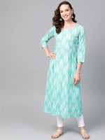 Ahika Women Cotton Fabric Light Cyan Printed Fancy Daily Wear Kurti