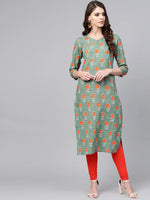 Ahika Women Casual Wear Cotton Fabric Sea Green Printed Trendy Kurti