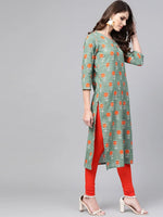 Ahika Women Casual Wear Cotton Fabric Sea Green Printed Trendy Kurti