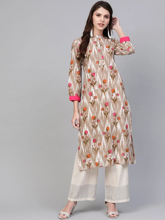 Ahika Women Fancy Occasion Wear Chikoo Color Printed Cotton Fabric Kurti