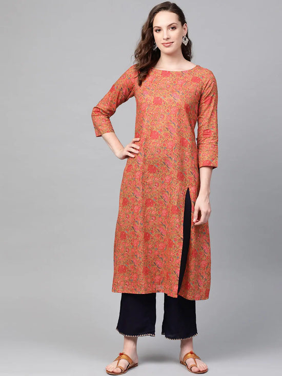 Ahika Women Casual Wear Cotton Fabric Salmon Printed Trendy Kurti