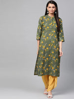 Ahika Women Cotton Fabric Printed Simple Function Wear Green Color Kurti