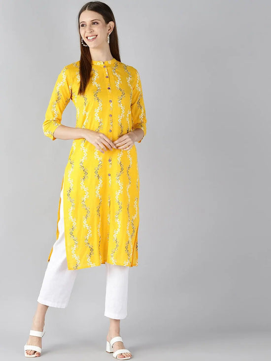 Ahika Women Cotton Fabric Trendy Festive Wear Yellow Printed Kurti