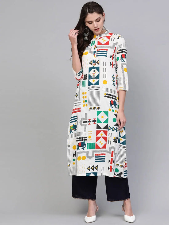 Ahika Women Cotton Fabric White Printed Fancy Daily Wear Kurti