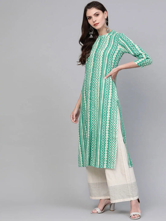 Ahika Women Cotton Fabric Trendy Festive Wear Sea Green Color Kurti