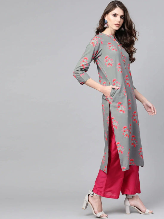 Ahika Women Cotton Fabric Trendy Festive Wear Grey Color Printed Kurti