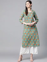 Ahika Women Casual Wear Cotton Sea Green Printed Trendy Kurti