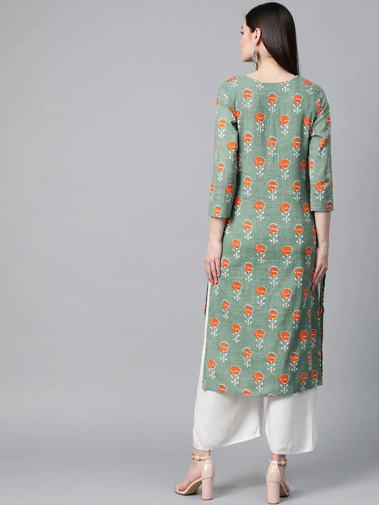 Ahika Women Casual Wear Cotton Sea Green Printed Trendy Kurti