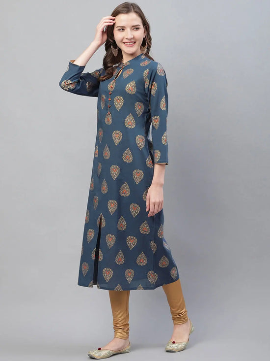 Ahika Women Printed Simple Navy Blue Kurti