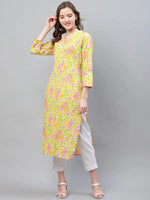 Ahika Women Casual Wear Cotton Fabric Yellow Printed Trendy Kurti