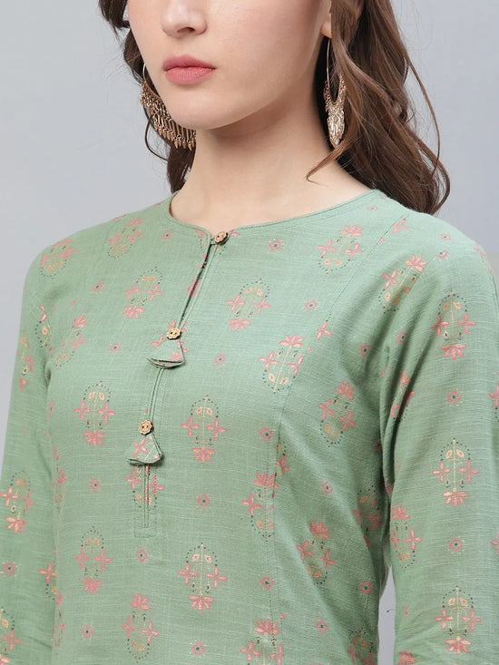 Ahika Women Casual Wear Cotton Fabric Sea Green Printed Kurti