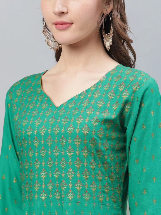 Ahika Women Cotton Fabric Green Printed Fancy Daily Wear Kurti