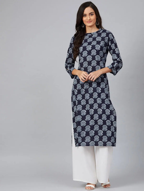 Ahika Women Navy Blue Floral Screen Printed Straight Kurta