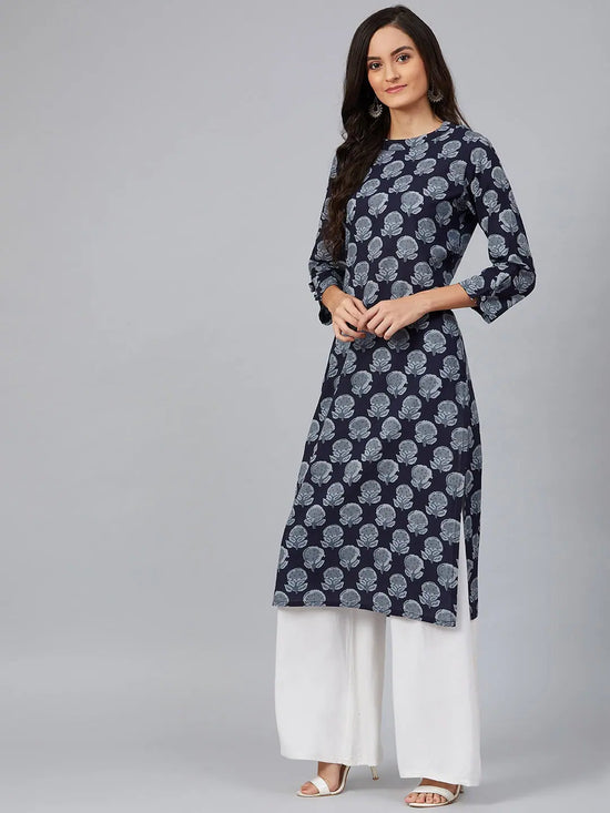 Ahika Women Navy Blue Floral Screen Printed Straight Kurta