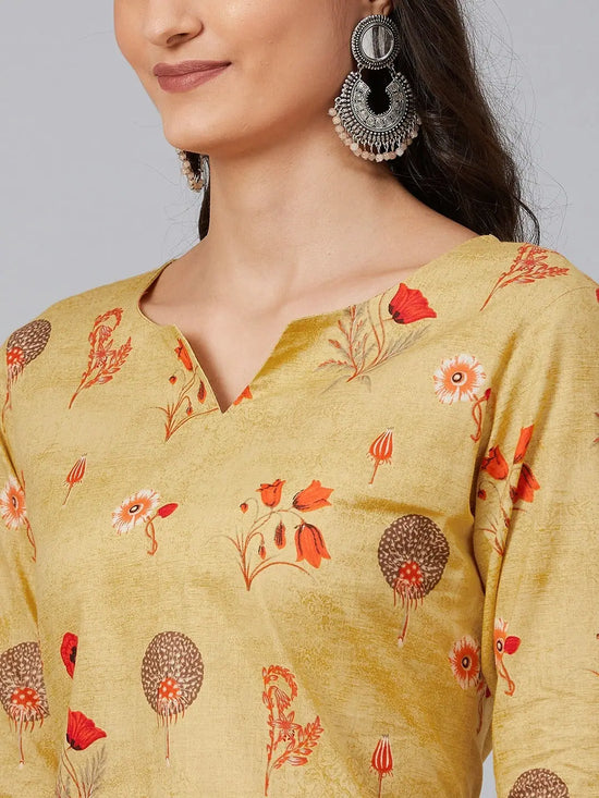 Ahika Women Mustard Yellow Red Floral Print Straight Kurta