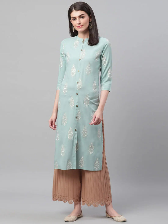 Ahika Women Sea Green White Screen Printed Straight Kurta