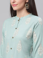 Ahika Women Sea Green White Screen Printed Straight Kurta