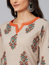 Ahika Women Beige Rust Orange Screen Printed A Line Kurta