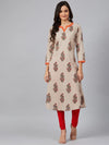 Ahika Women Beige Rust Orange Screen Printed A Line Kurta