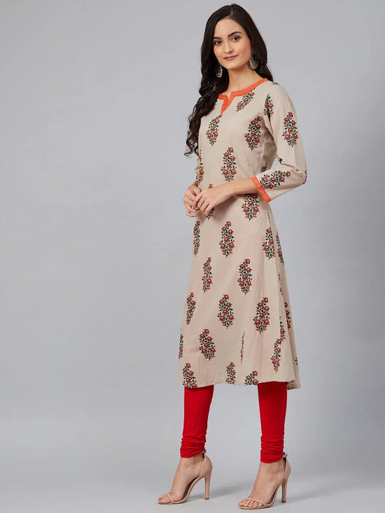 Ahika Women Beige Rust Orange Screen Printed A Line Kurta