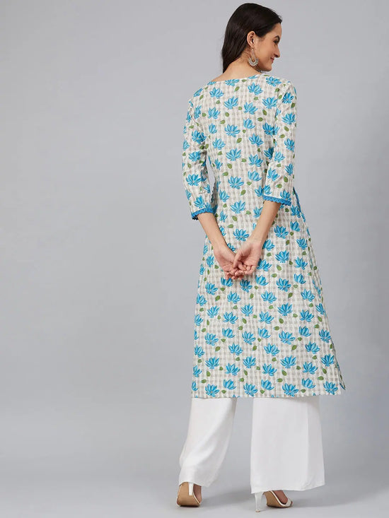 Ahika Women White Blue Floral Screen Printed Straight Kurta