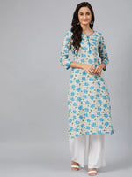 Ahika Women White Blue Floral Screen Printed Straight Kurta