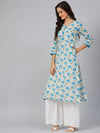 Ahika Women White Blue Floral Screen Printed Straight Kurta