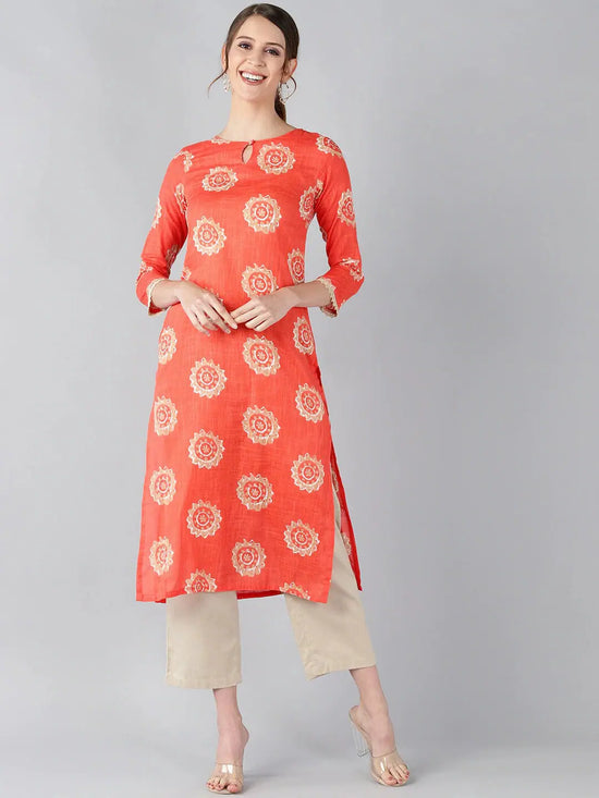 Ahika Women Coral Orange Beige Screen Printed Straight Kurta