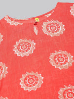 Ahika Women Coral Orange Beige Screen Printed Straight Kurta