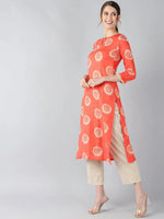 Ahika Women Coral Orange Beige Screen Printed Straight Kurta