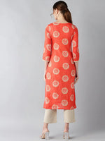 Ahika Women Coral Orange Beige Screen Printed Straight Kurta