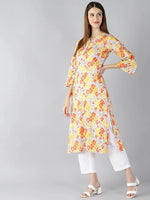 Ahika Women Grey Mustard Yellow Screen Floral Printed Straight Kurta