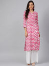 Ahika Women Pink White Screen Printed Straight Kurta